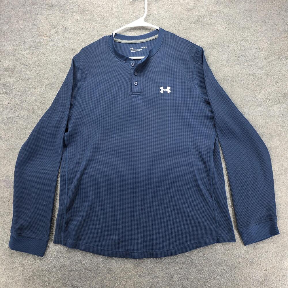 Under Armour Pullover Mens L Blue Long Sleeve Henley Button Tagless Waffle